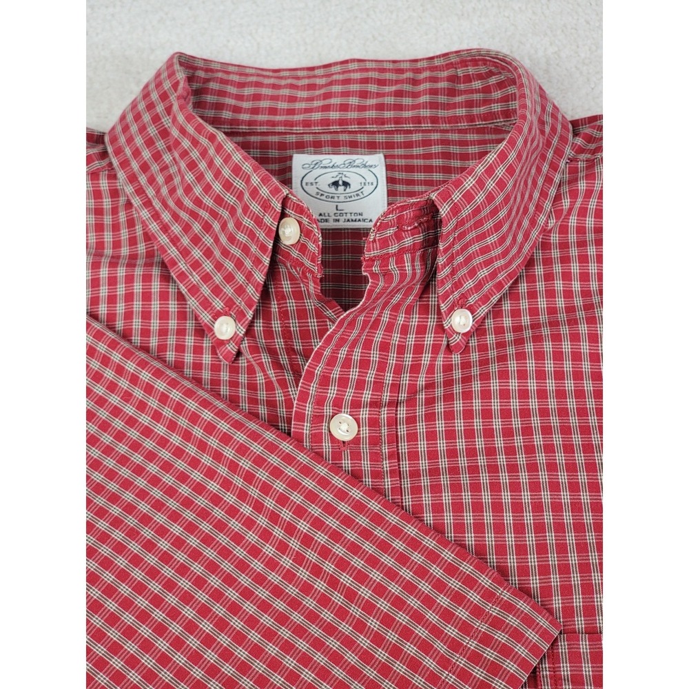 Brooks Brothers Mens Large Red Check Short Sleeve Sport Shirt Cotton Button Down